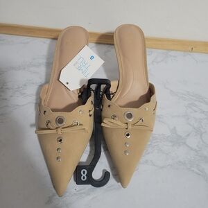 Women's Time & Tru Tan Studded Kitten Heel Mules, Size 8. NEW